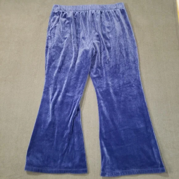 Time and Tru Velour Wide Leg Pants Womens XXL Blue Ribbed Flare Lounge Pockets - Picture 2 of 9